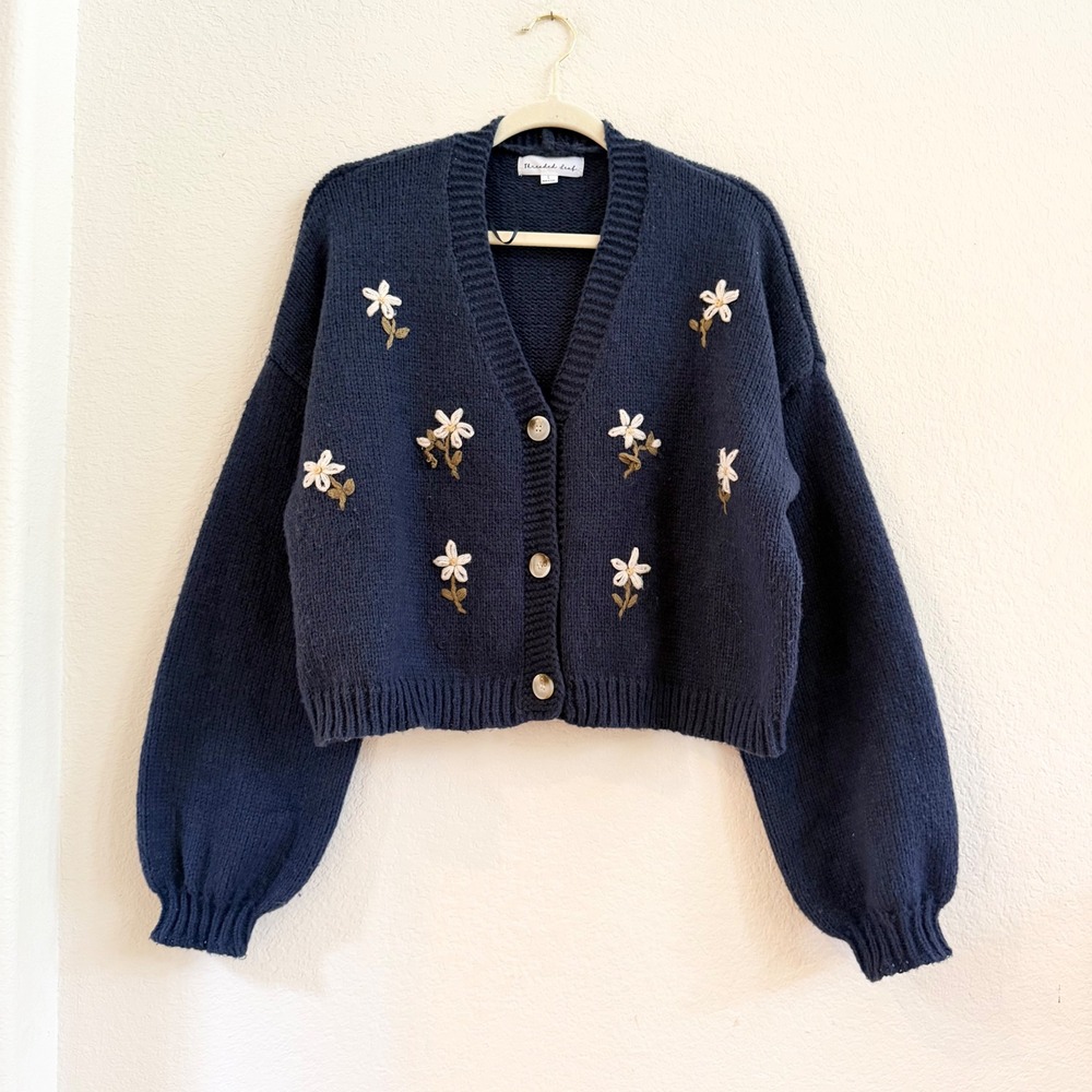 Threaded Leaf Navy Blue Floral Embroidered Cropped Cardigan Sweater‎ Womens L